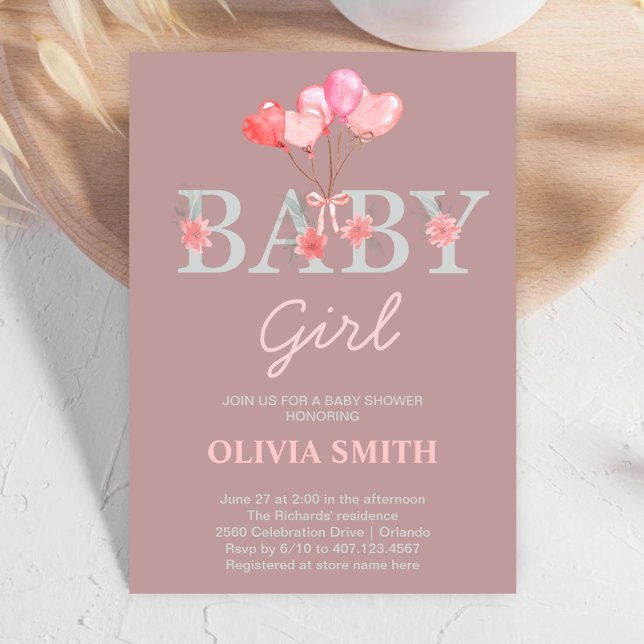 Baby Girl l Watercolor Flowers & Balloons Pink  Invitation (Creator Uploaded)