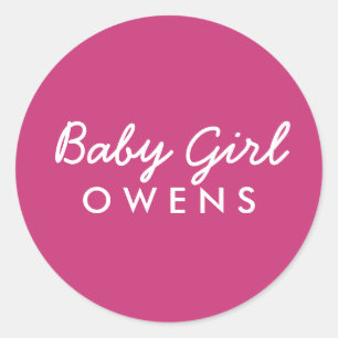 Baby Girl Last Name Baby Shower Sticker-Pink White Classic Round Sticker
