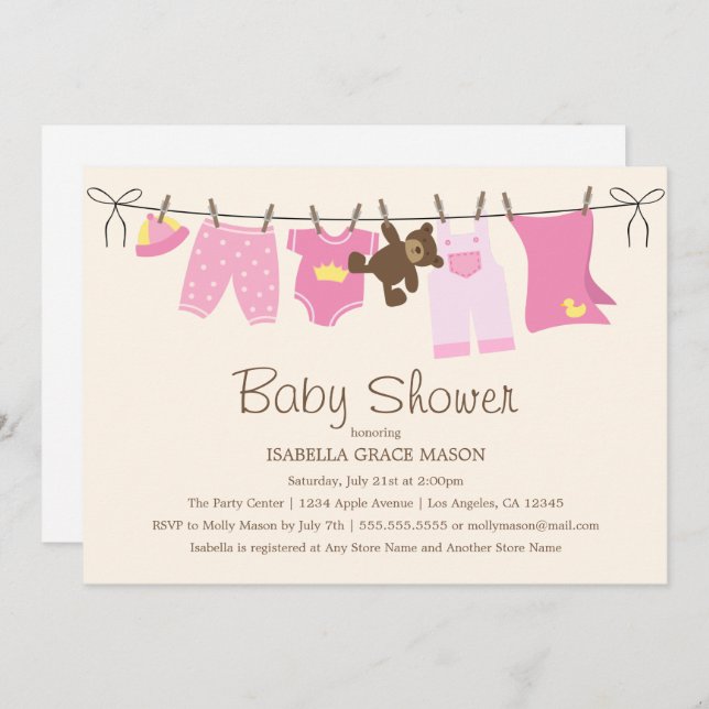 Baby Girl Laundry | Pink/Brown Invitation (Front/Back)