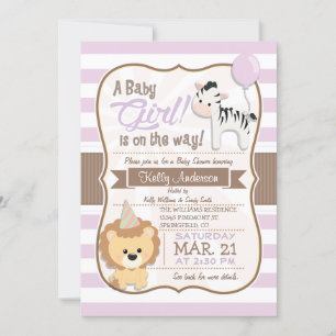 Baby Girl Lion & Zebra Pastel Purple Baby Shower Invitation