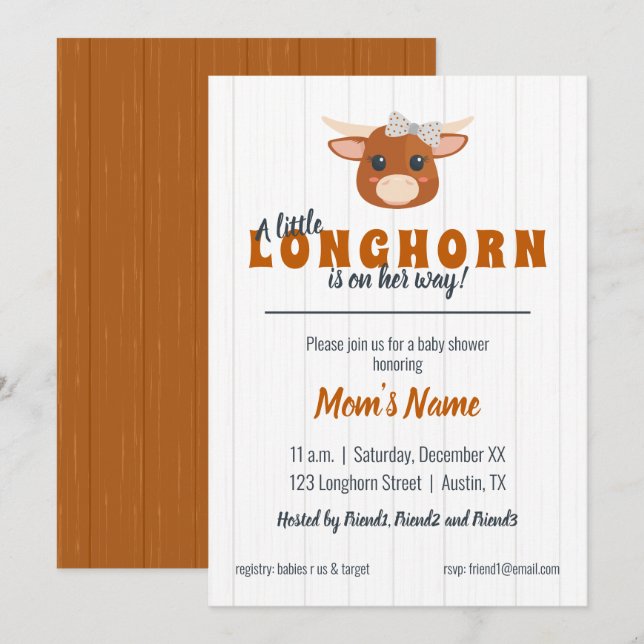 Baby Girl Longhorn Burnt Orange Baby Shower Invitation (Front/Back)