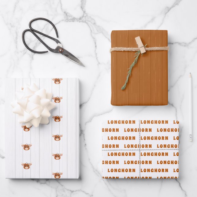 Baby Girl Longhorn Burnt Orange Wrapping Paper Sheet (Front)