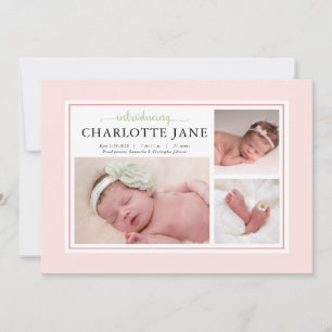 Baby Girl Minimalist 3 Photo Birth Announcement