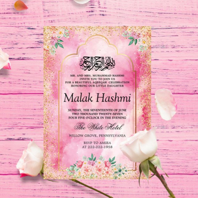 Baby Girl Modern Floral Islamic Aqeeqa Aqiqa Invitation (Creator Uploaded)