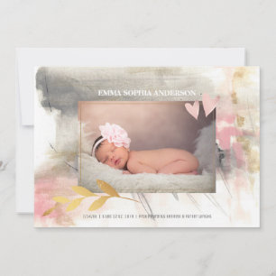 Baby Girl Modern Gold Grey Pink Birth Announcement