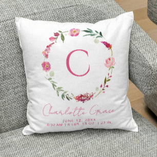 Baby Girl Monogram Birth Stats Pink Floral Nursery Cushion