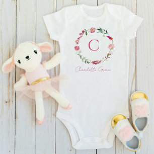 Baby Girl Monogram Pink Watercolor Floral Baby Bodysuit