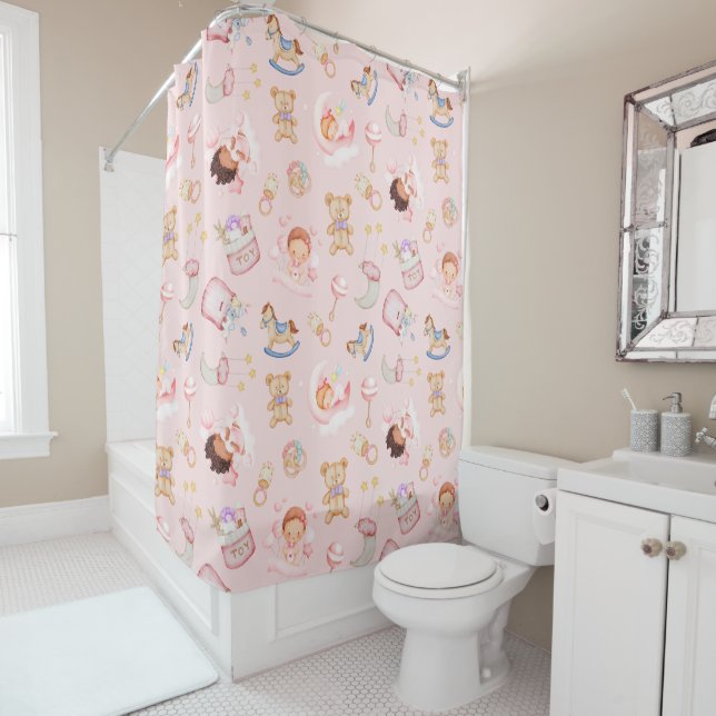 Baby Girl Moon Star Bear Toys Pink Background Shower Curtain (In Situ)