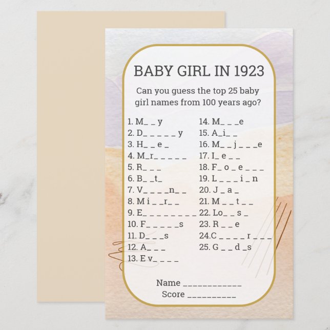 Baby Girl Name Fill In the Blank Baby Shower Game  (Front/Back)