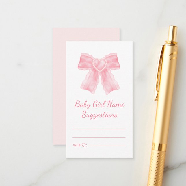 baby girl name suggestions baby shower pink bow enclosure card (Front/Back In Situ)