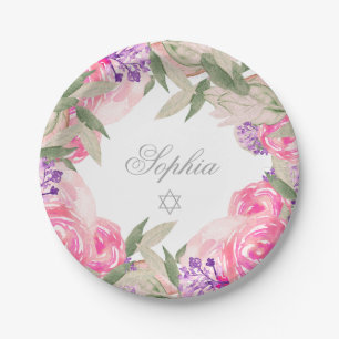 Baby Girl Naming Ceremony Hebrew Floral Silver Paper Plate
