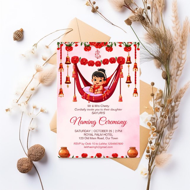 Baby Girl Naming Namkaran Cradle Ceremony Invitation (Baby Girl Naming Namkaran Cradle Ceremony editable template Invitation cute Indian baby red and gold)