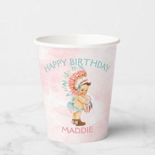Baby Girl Native Boho Feathers Blush Pink Aqua Paper Cups