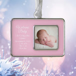 Baby Girl Newborn Photo Pink Keepsake Gift Silver Plated Framed Ornament<br><div class="desc">Add your beautiful baby photograph on this cute baby photo birth announcement Christmas ornament gift with white typography. Customise with birth details of your newborn under the picture. Pretty pink keepsake.</div>