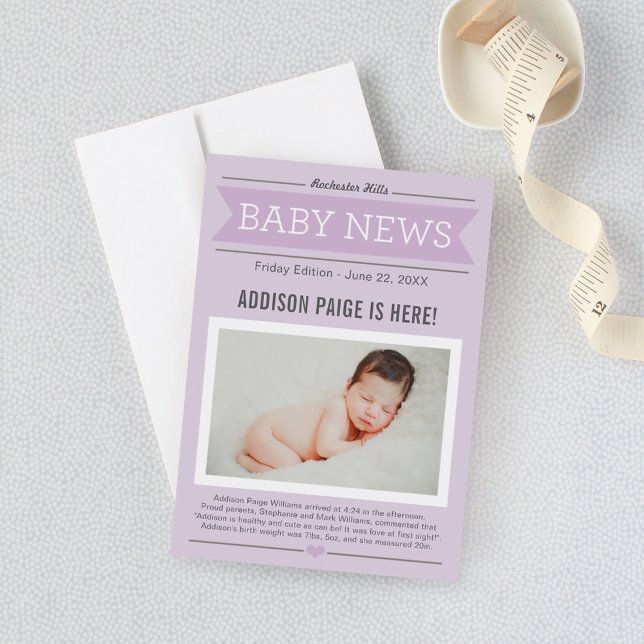 Baby Girl News Modern Purple Photo Birth Announcement (Creator Uploaded)