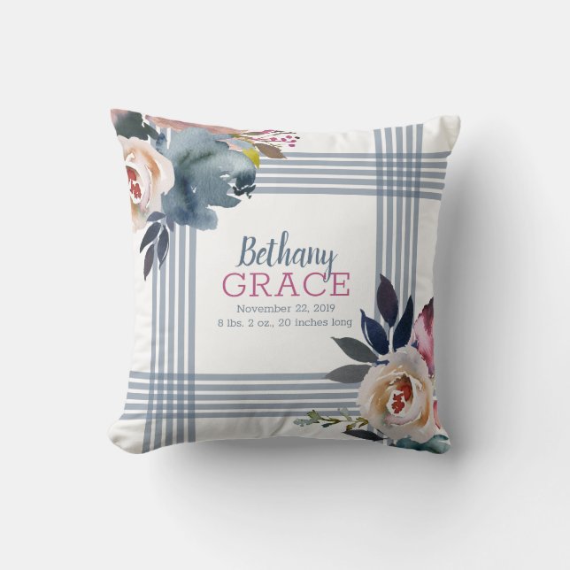 Baby Girl Nursery Blue Pink Watercolor Floral Cushion (Front)