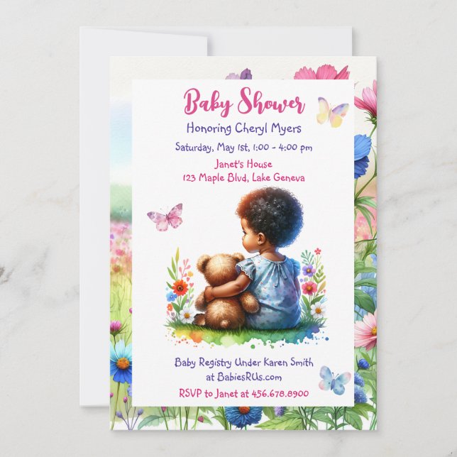 Baby Girl of Colour with her Teddy Bear Baby Showe Invitation (Front)
