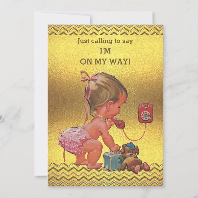Baby Girl on Phone Baby Shower Gold Chevrons Invitation (Front)