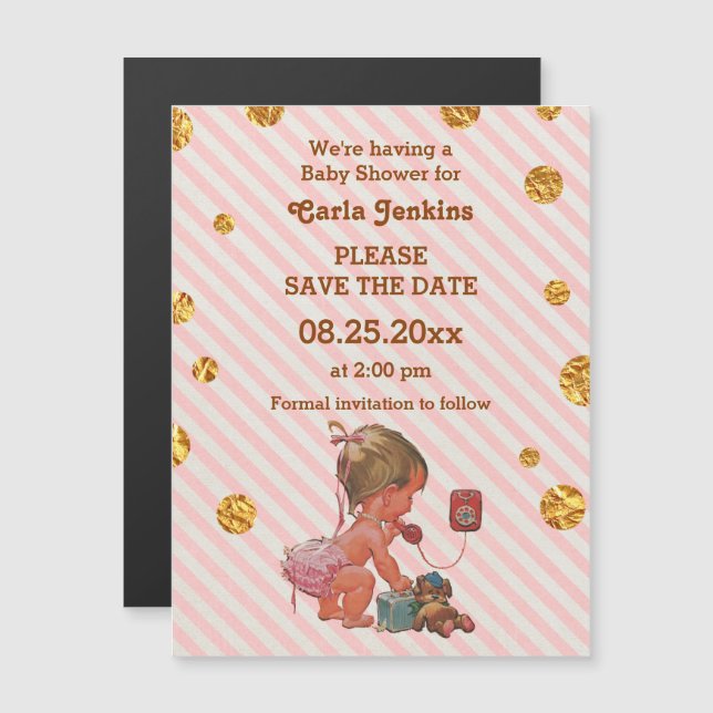 Baby Girl On Phone Gold Confetti Save The Date Magnetic Invitation (Front/Back)