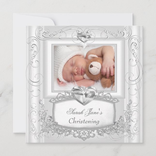 Baby Girl or Boy Christening Baptism Cross White Invitation (Front)
