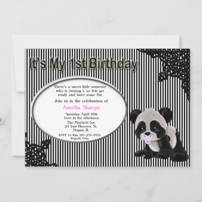 Baby Girl Panda Bear 1st Birthday Invitation (Front)