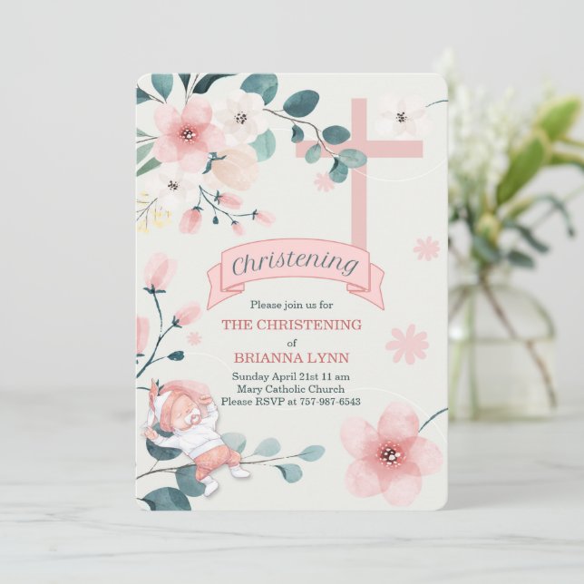 Baby Girl Peach Blossoms and Teal Christening Invitation (Standing Front)