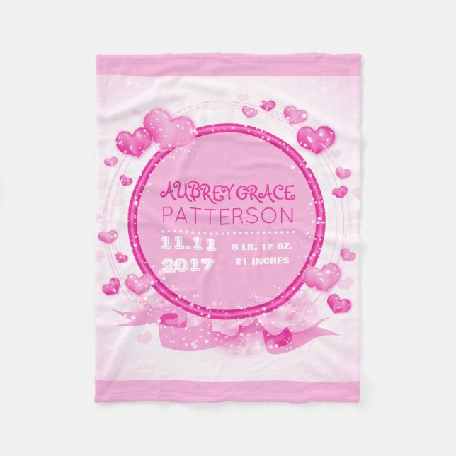 Baby Girl Personalised | Pink Hearts Nursery Fleece Blanket (Front)
