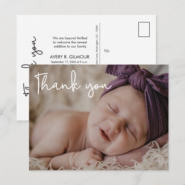 Baby Girl Photo Baby shower Modern Script Announcement Postcard (Front/Back)