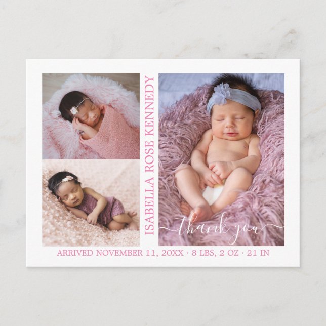Baby Girl Photo Collage Script Birth Announcement  Postcard (Front)