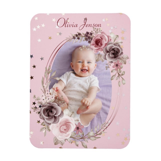 Baby Girl Photo Cute Elegant Modern Pink floral  Magnet (Vertical)