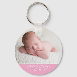 Baby Girl Photo Elegant Pink Birth Announcement Key Ring
