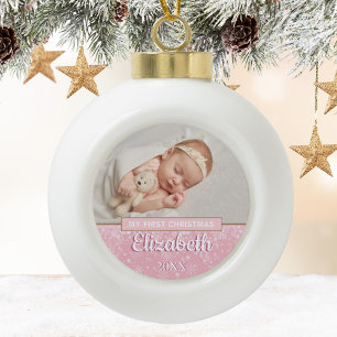 Baby Girl Photo First Christmas Script Ceramic Ball Christmas Ornament
