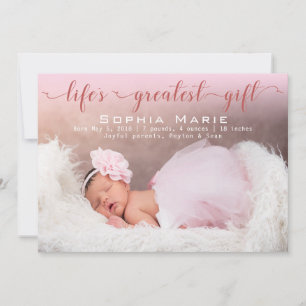 Baby Girl Photo Modern Script Pink Bows Birth Announcement