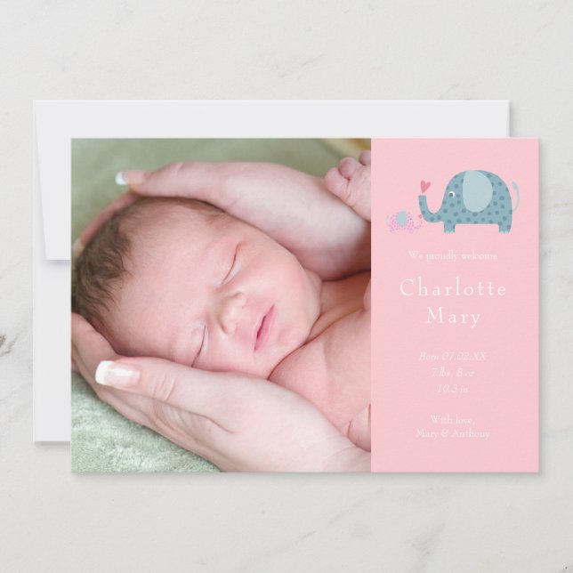 Baby Girl Photo Pink Polka Dot Elephants Birth Announcement (Front)