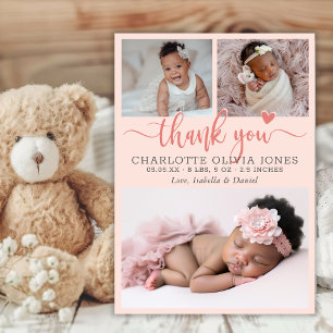 Baby Girl Photo Pink Thank You Script Heart Birth  Announcement