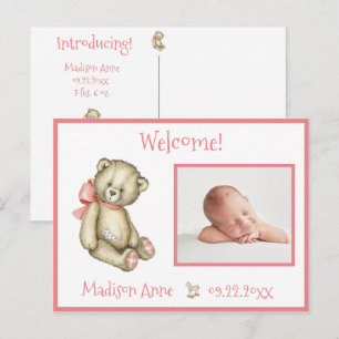 Baby Girl Photo Pink Typography Name Stats Announcement Postcard