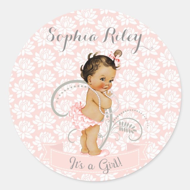 Baby Girl Pink African American Latina Ethnic Classic Round Sticker (Front)