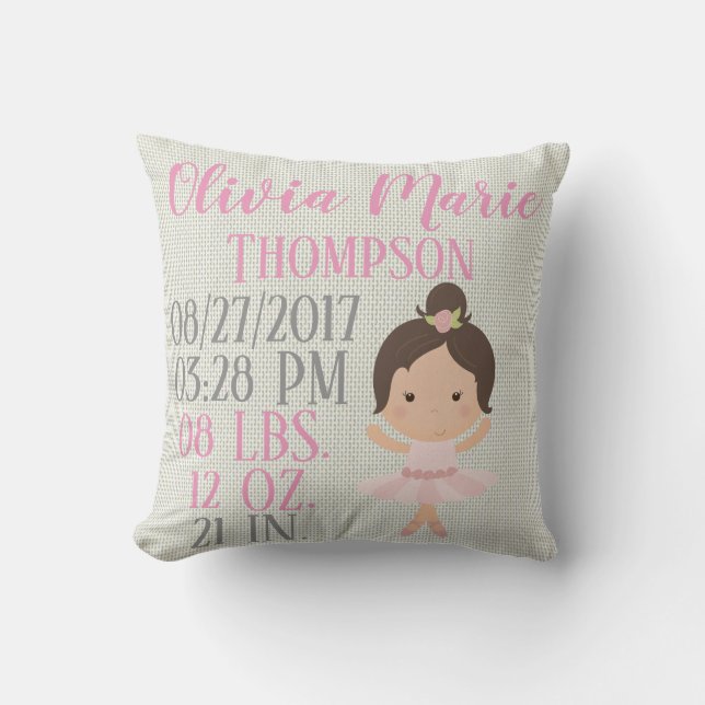 Baby Girl Pink Ballerina Ballet Dancer Birth Cushion (Front)