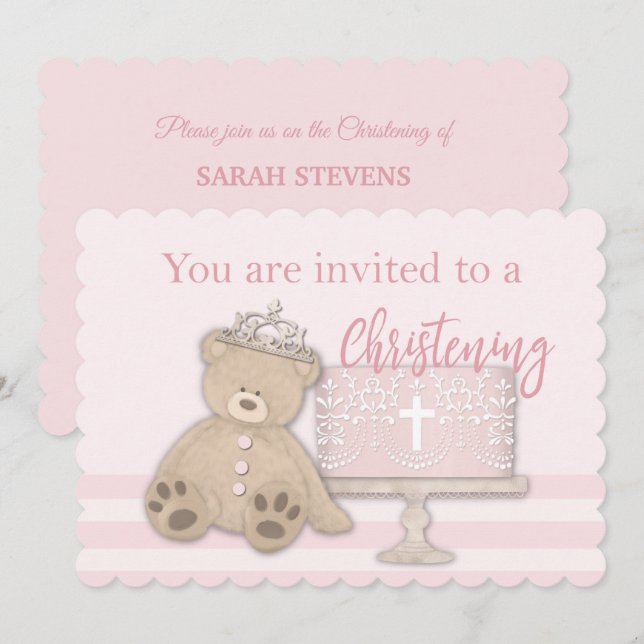 Baby Girl Pink Baptism Invitation Cake Teddy Bear (Front/Back)