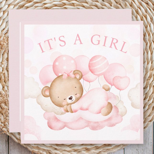 Baby Girl Pink Bear Announcement Card (Baby Girl Pink Bear Announcement Card)