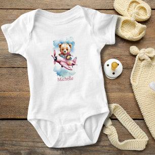 Baby Girl Pink Bear in Aeroplane Baby Gift Baby Bodysuit