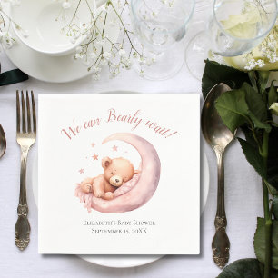 Baby Girl Pink Bear Moon Bearly Wait Baby Shower  Napkin
