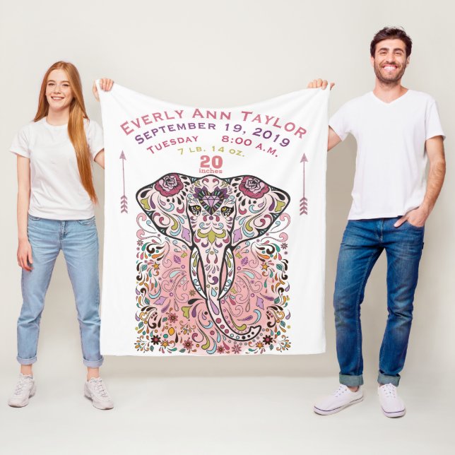 Baby Girl Pink Birth Record Stats Elephant Fleece Blanket (In Situ)