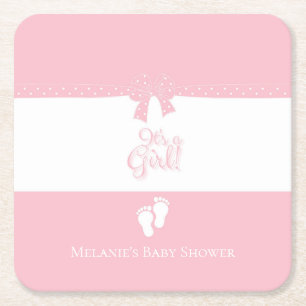 Baby Girl Pink Bows & Little Feet Custom Square Paper Coaster