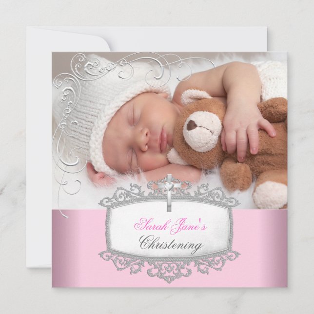 Baby Girl Pink Christening Baptism Cross White Announcement (Front)