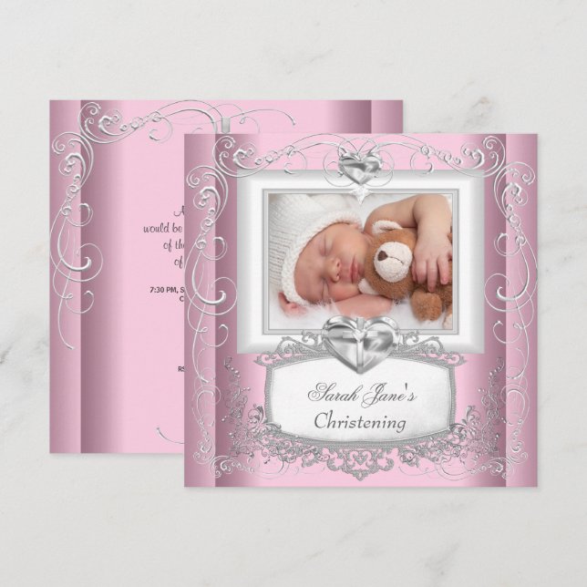 Baby Girl Pink Christening Baptism Cross White Invitation (Front/Back)