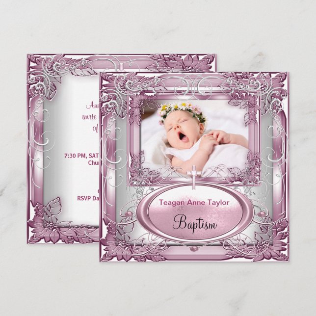 Baby Girl Pink Christening Baptism Cross White Invitation (Front/Back)