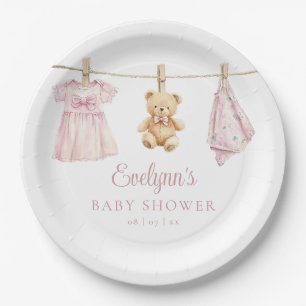 Baby Girl Pink Clothesline Baby Shower Paper Plate