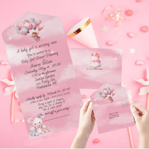 Baby Girl Pink Clouds Balloons Shower Invitation