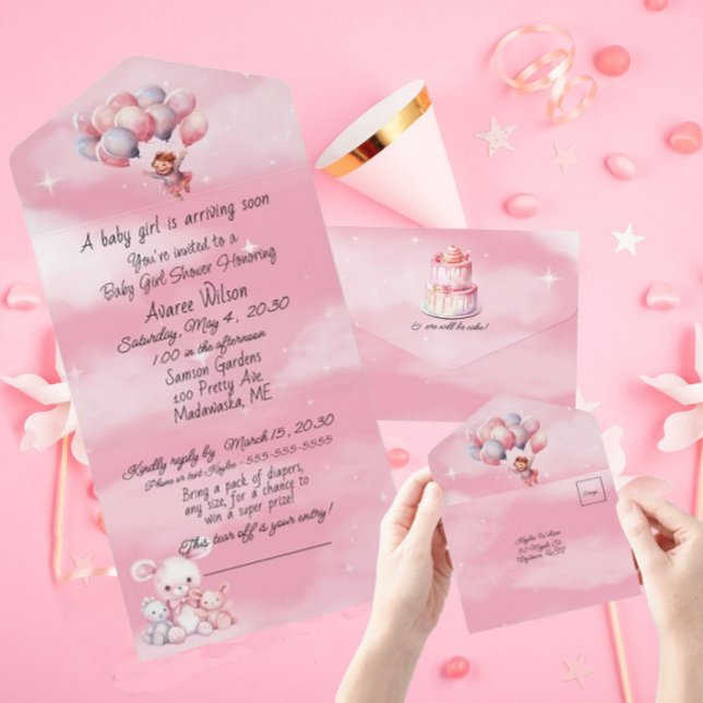 Baby Girl Pink Clouds Balloons Shower Invitation (Creator Uploaded)